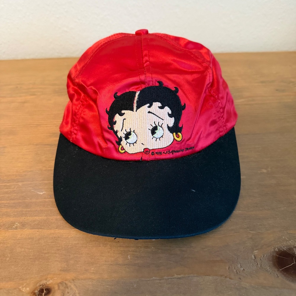 Vintage 1995 Betty Boop Universal Studios Hat Red Satin Black Brim Embroidered